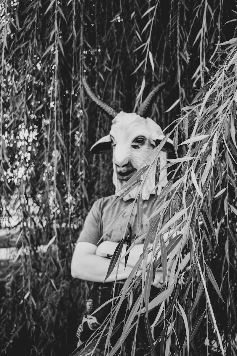 grayscale photo of person wearing animal mask